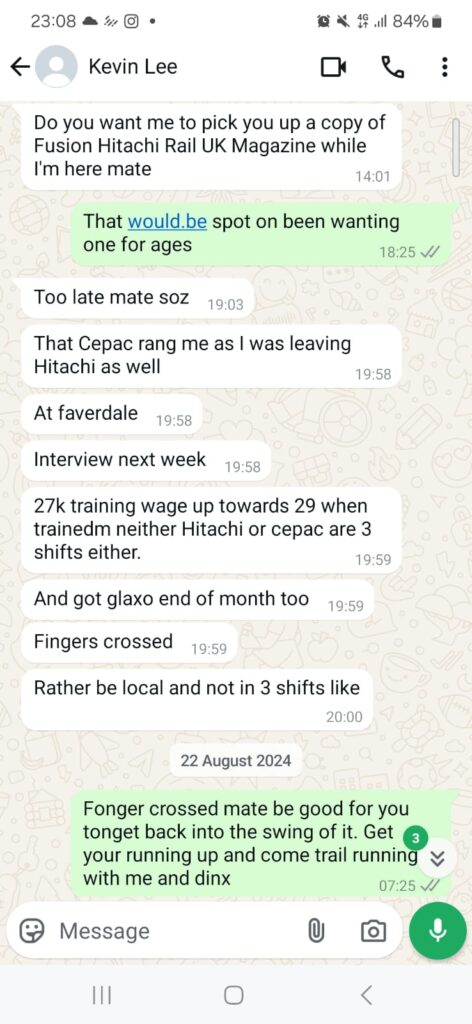 WhatsApp conversation recording the outcome of the Page Outsourcing recruitment call on 21 August 2024.